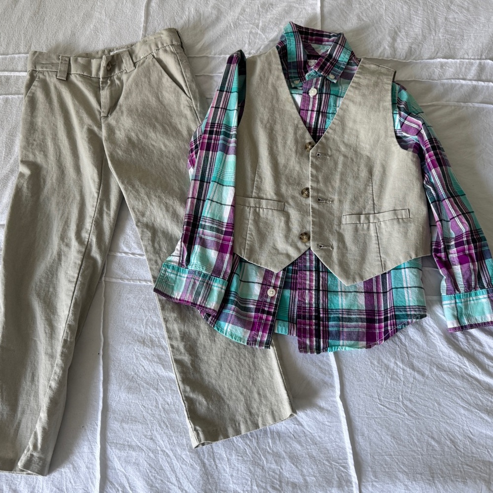 Gymboree Plaid Shirt and Tan Pants/Vest Set